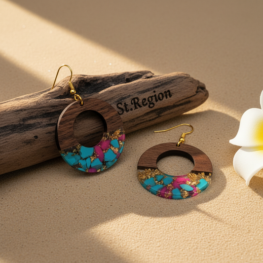 Blue & Rose Resin Wood Goldtone Patchwork Open Circular Hook Earrings - Street Region