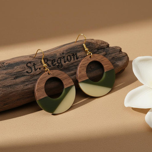 Green and White Resin Wood Goldtone Patchwork Open Circular Hook Earrings, gold drop earrings for women, front view