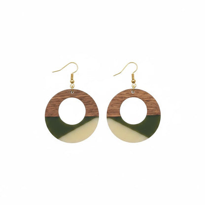 Green and White Resin Wood Goldtone Patchwork Open Circular Hook Earrings, gold drop earrings for women, side view