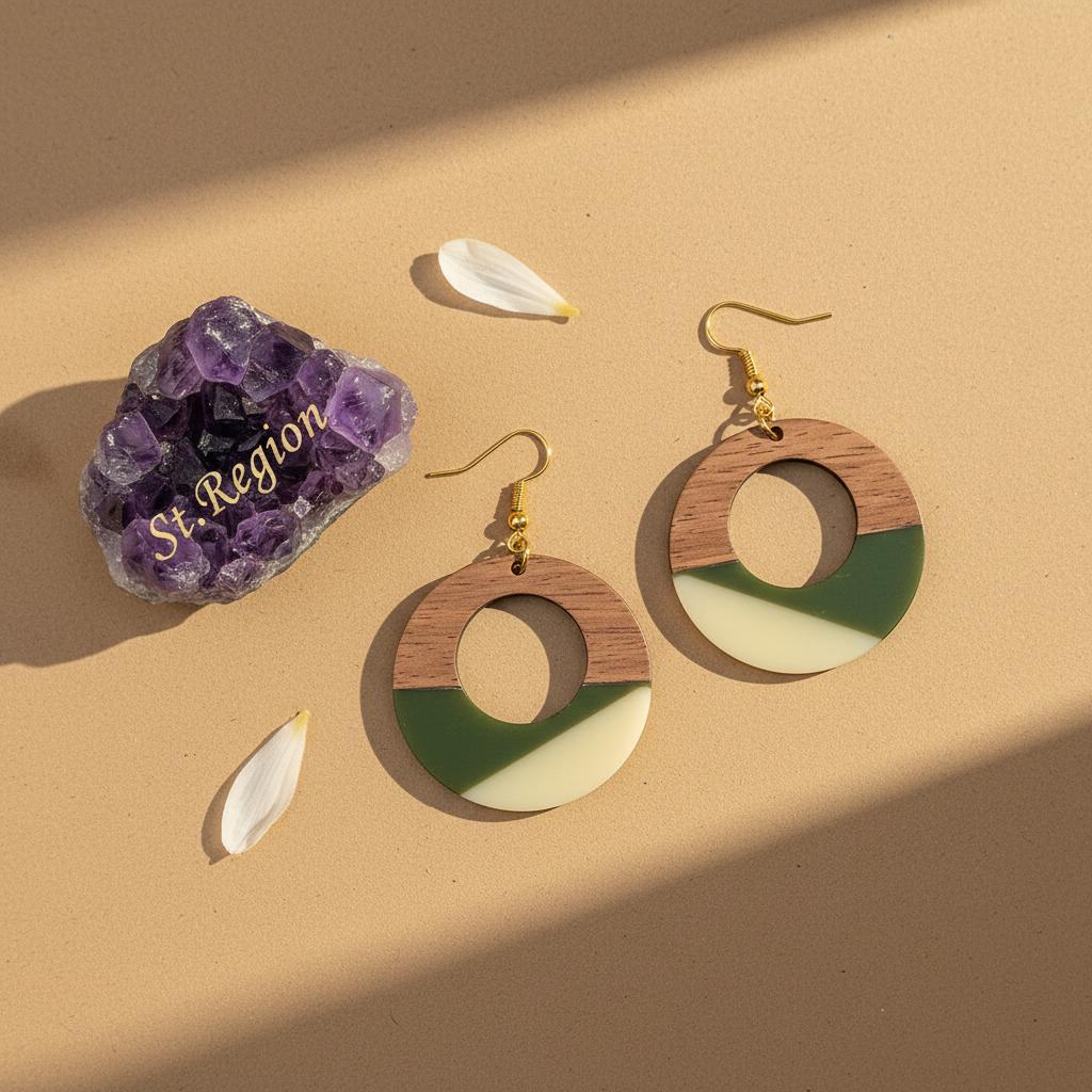 Green and White Resin Wood Goldtone Patchwork Open Circular Hook Earrings, gold drop earrings for women, detail close-up