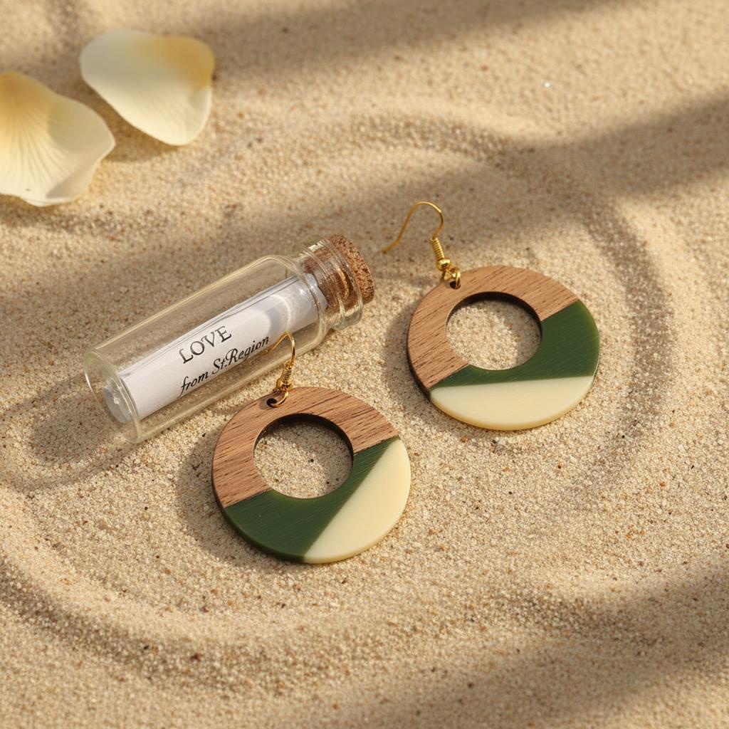 Green and White Resin Wood Goldtone Patchwork Open Circular Hook Earrings, gold drop earrings for women, lifestyle look
