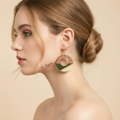 Green and White Resin Wood Goldtone Patchwork Open Circular Hook Earrings, gold drop earrings for women, styled look