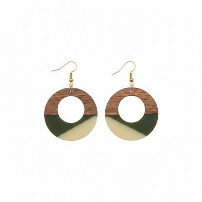 Green & White Resin Wood Goldtone Patchwork Open Circular Hook Earrings - Street Region
