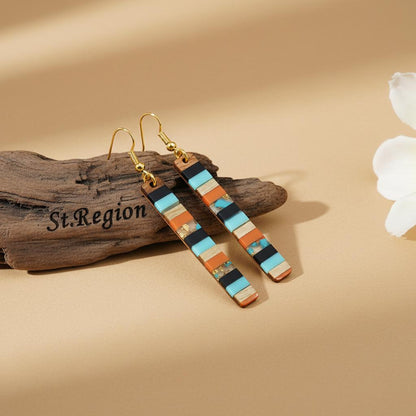 Blue and Orange Resin Wood Goldtone Striped Bar Hook Earrings, gold drop earrings for women, elegant gift for her, front view