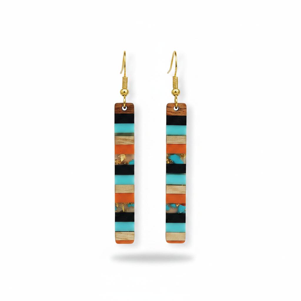 Blue and Orange Resin Wood Goldtone Striped Bar Hook Earrings, gold drop earrings for women, elegant gift for her, side view