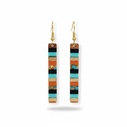 Blue and Orange Resin Wood Goldtone Striped Bar Hook Earrings, gold drop earrings for women, elegant gift for her, side view