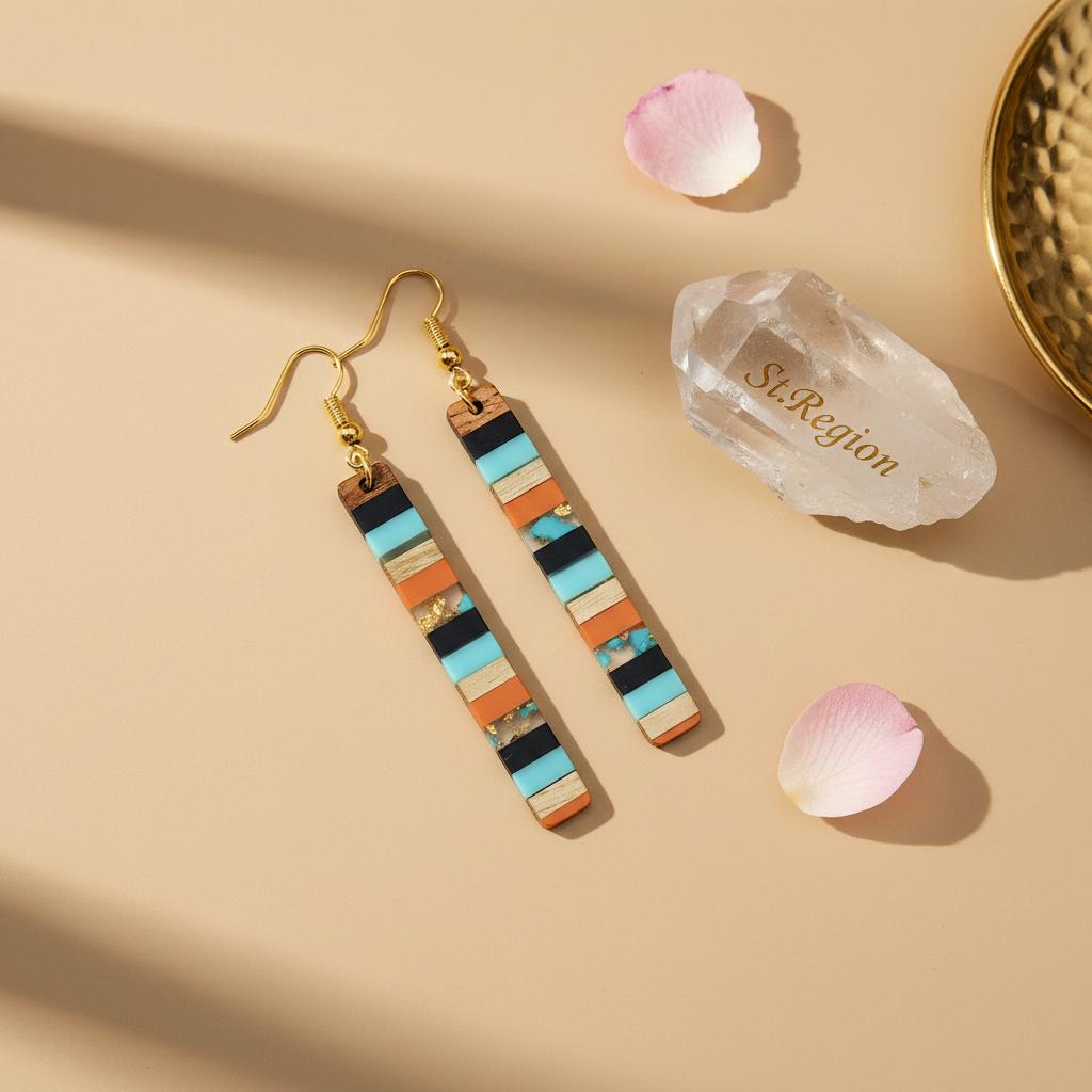 Blue and Orange Resin Wood Goldtone Striped Bar Hook Earrings, gold drop earrings for women, detail close-up