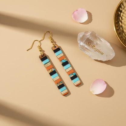 Blue and Orange Resin Wood Goldtone Striped Bar Hook Earrings, gold drop earrings for women, detail close-up