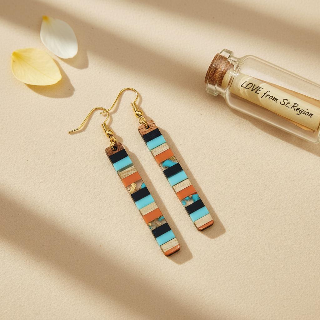 Blue and Orange Resin Wood Goldtone Striped Bar Hook Earrings, gold drop earrings for women, lifestyle look