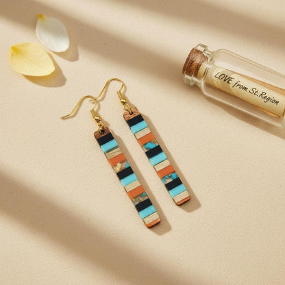 Blue and Orange Resin Wood Goldtone Striped Bar Hook Earrings, gold drop earrings for women, lifestyle look