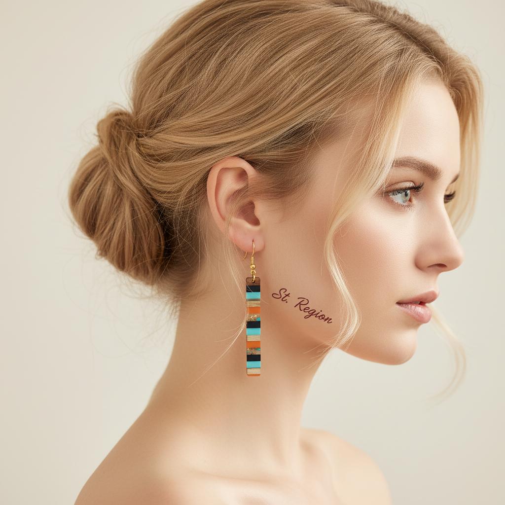 Blue and Orange Resin Wood Goldtone Striped Bar Hook Earrings, gold drop earrings for women, styled look