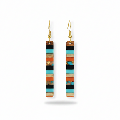 Blue & Orange Resin Wood Goldtone Striped Bar Hook Earrings - Street Region