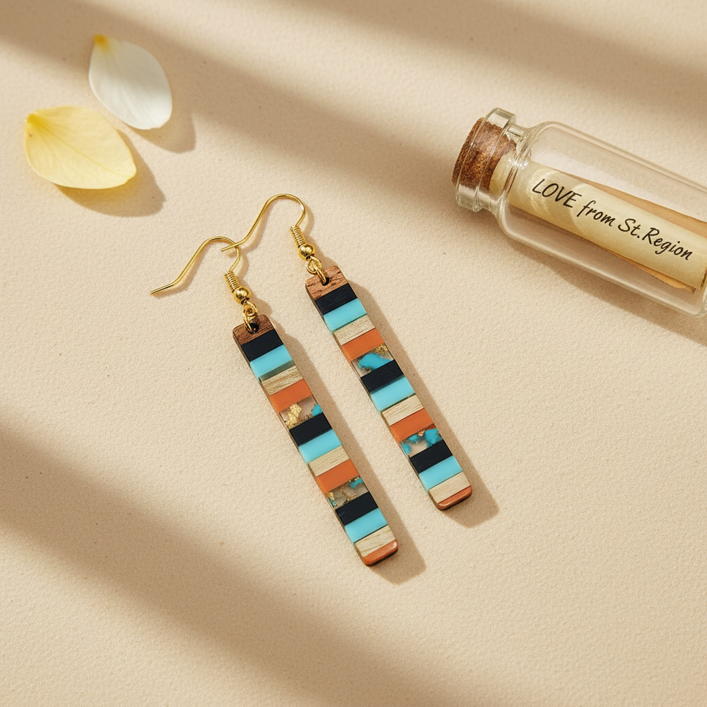 Blue & Orange Resin Wood Goldtone Striped Bar Hook Earrings - Street Region