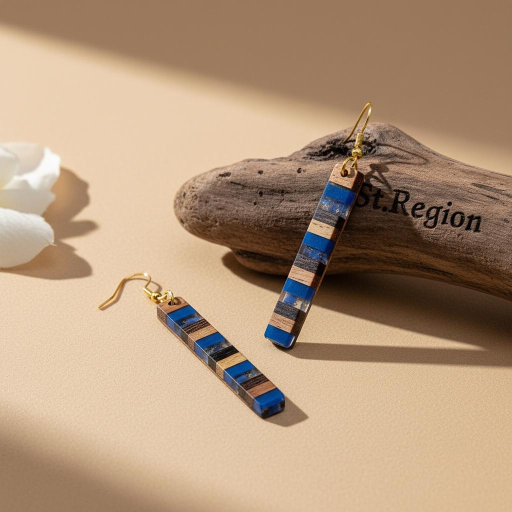 Royal Blue Resin and Wood Goldtone Striped Bar Hook Earrings, gold drop earrings for women, everyday style, front view