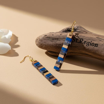 Royal Blue Resin and Wood Goldtone Striped Bar Hook Earrings, gold drop earrings for women, everyday style, front view