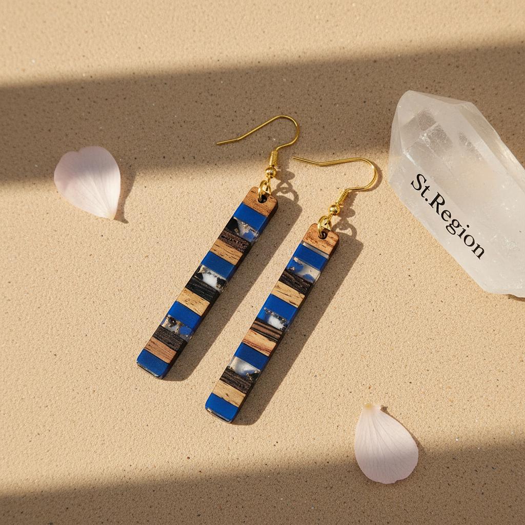 Royal Blue Resin and Wood Goldtone Striped Bar Hook Earrings, gold drop earrings for women, everyday style, detail close-up
