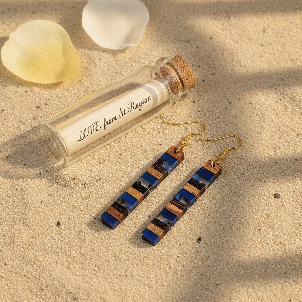 Royal Blue Resin and Wood Goldtone Striped Bar Hook Earrings, gold drop earrings for women, everyday style, lifestyle look
