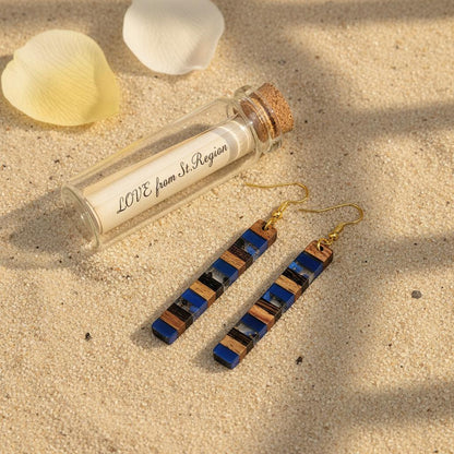 Royal Blue Resin and Wood Goldtone Striped Bar Hook Earrings, gold drop earrings for women, everyday style, lifestyle look