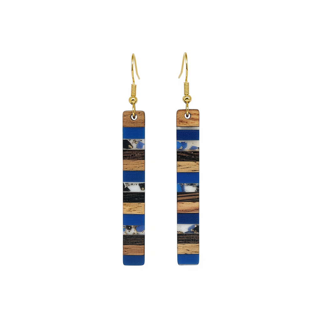Royal Blue Resin & Wood Goldtone Striped Bar Hook Earrings - Street Region