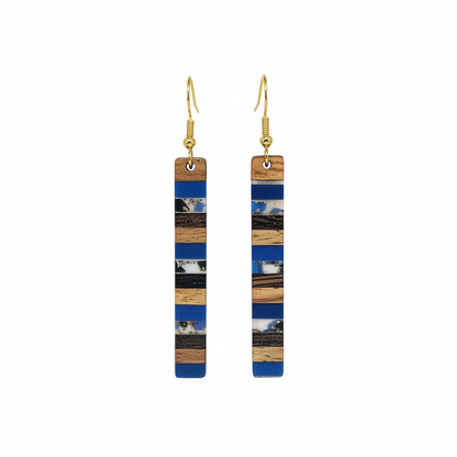 Royal Blue Resin & Wood Goldtone Striped Bar Hook Earrings - Street Region