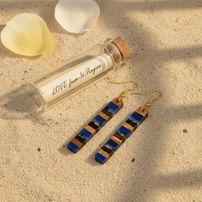 Royal Blue Resin & Wood Goldtone Striped Bar Hook Earrings - Street Region