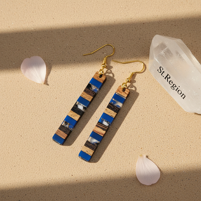 Royal Blue Resin & Wood Goldtone Striped Bar Hook Earrings - Street Region