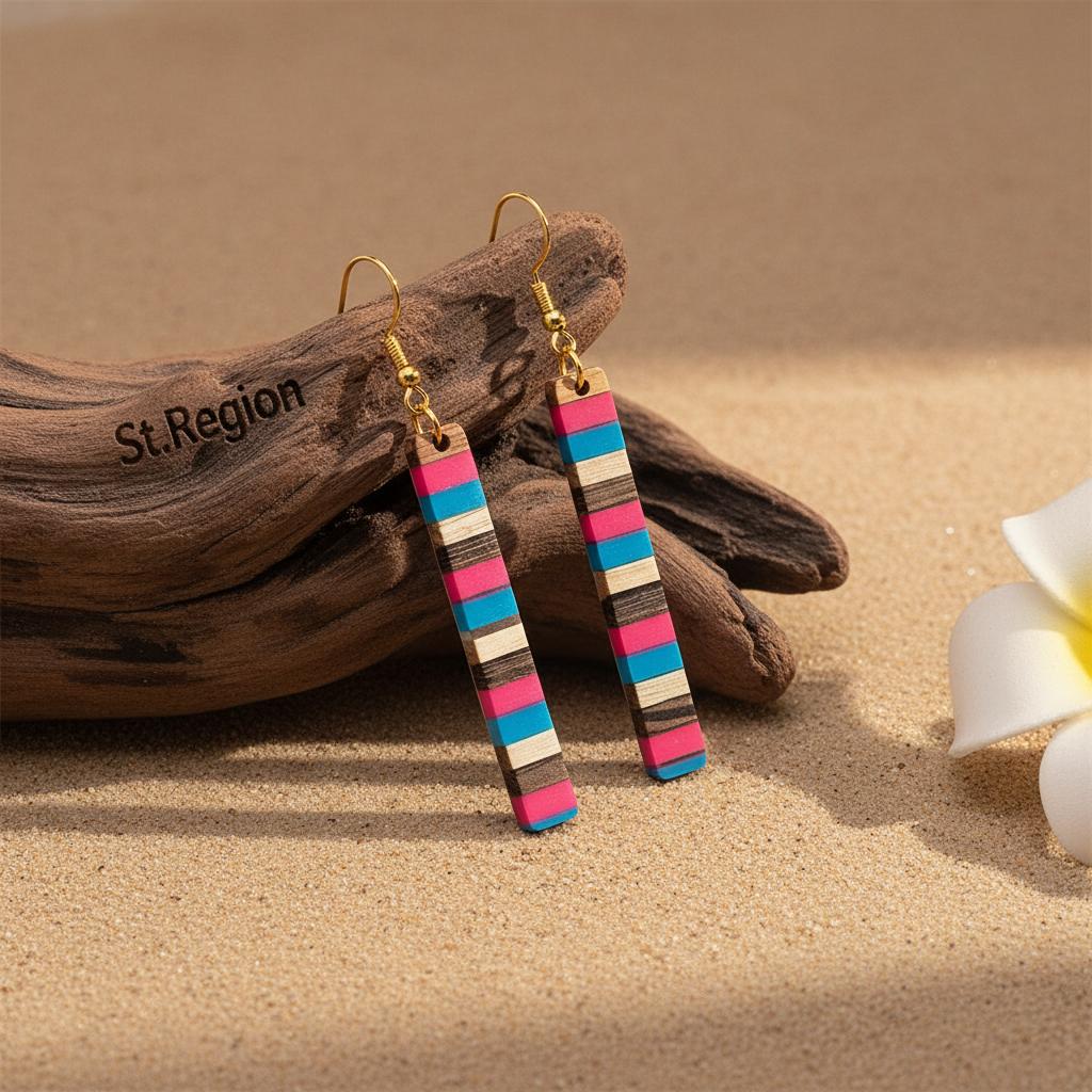 Rose and Blue Resin Wood Goldtone Striped Bar Hook Earrings, gold drop earrings for women, front view