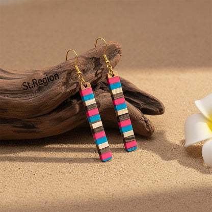 Rose and Blue Resin Wood Goldtone Striped Bar Hook Earrings, gold drop earrings for women, front view
