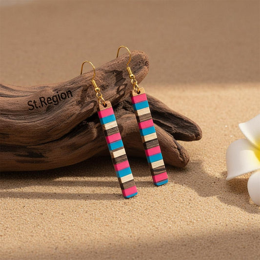 Rose and Blue Resin Wood Goldtone Striped Bar Hook Earrings, gold drop earrings for women, front view
