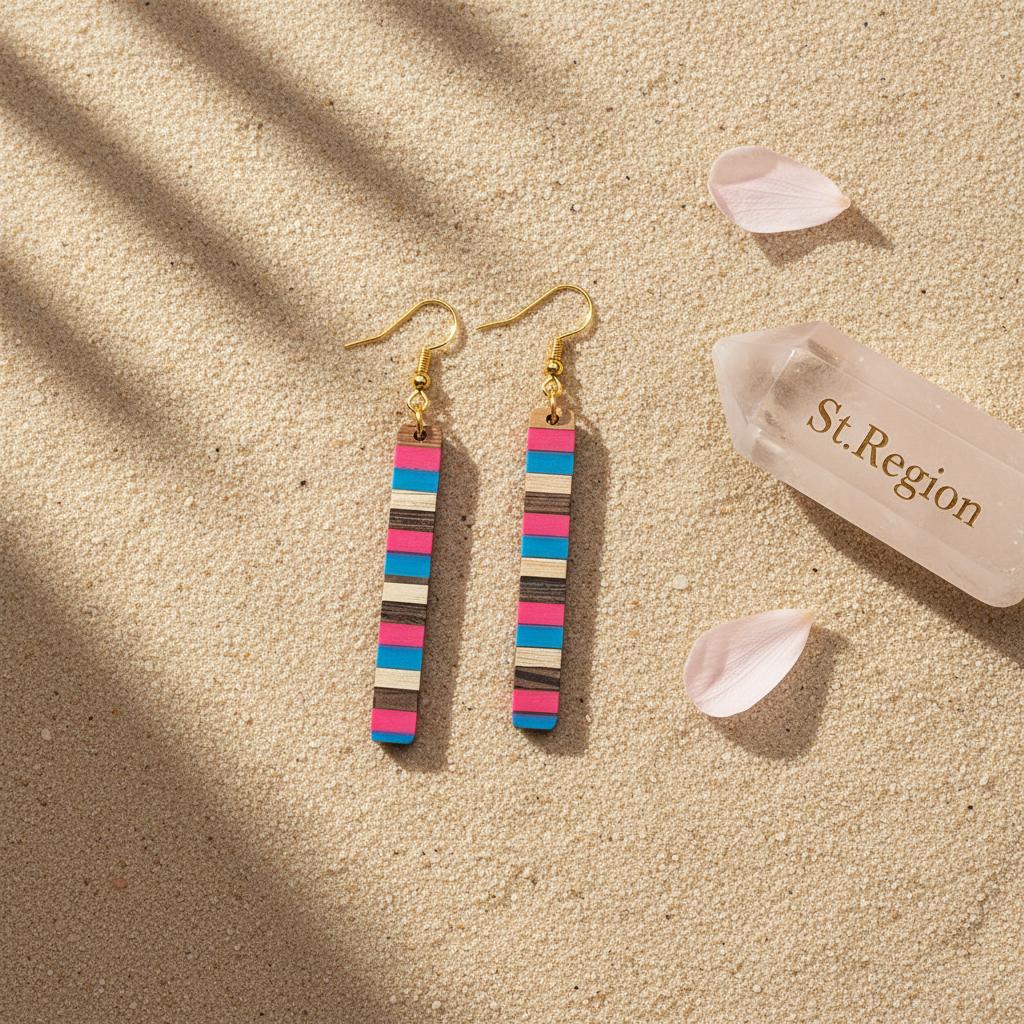 Rose and Blue Resin Wood Goldtone Striped Bar Hook Earrings, gold drop earrings for women, detail close-up