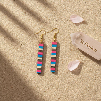 Rose and Blue Resin Wood Goldtone Striped Bar Hook Earrings, gold drop earrings for women, detail close-up