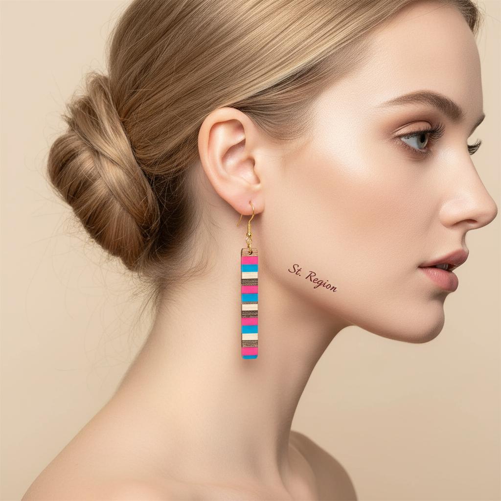 Rose and Blue Resin Wood Goldtone Striped Bar Hook Earrings, gold drop earrings for women, styled look