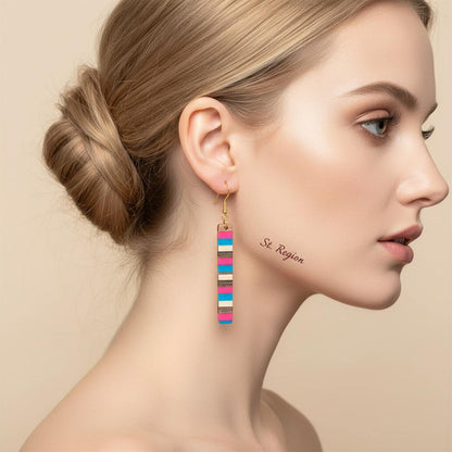 Rose and Blue Resin Wood Goldtone Striped Bar Hook Earrings, gold drop earrings for women, styled look