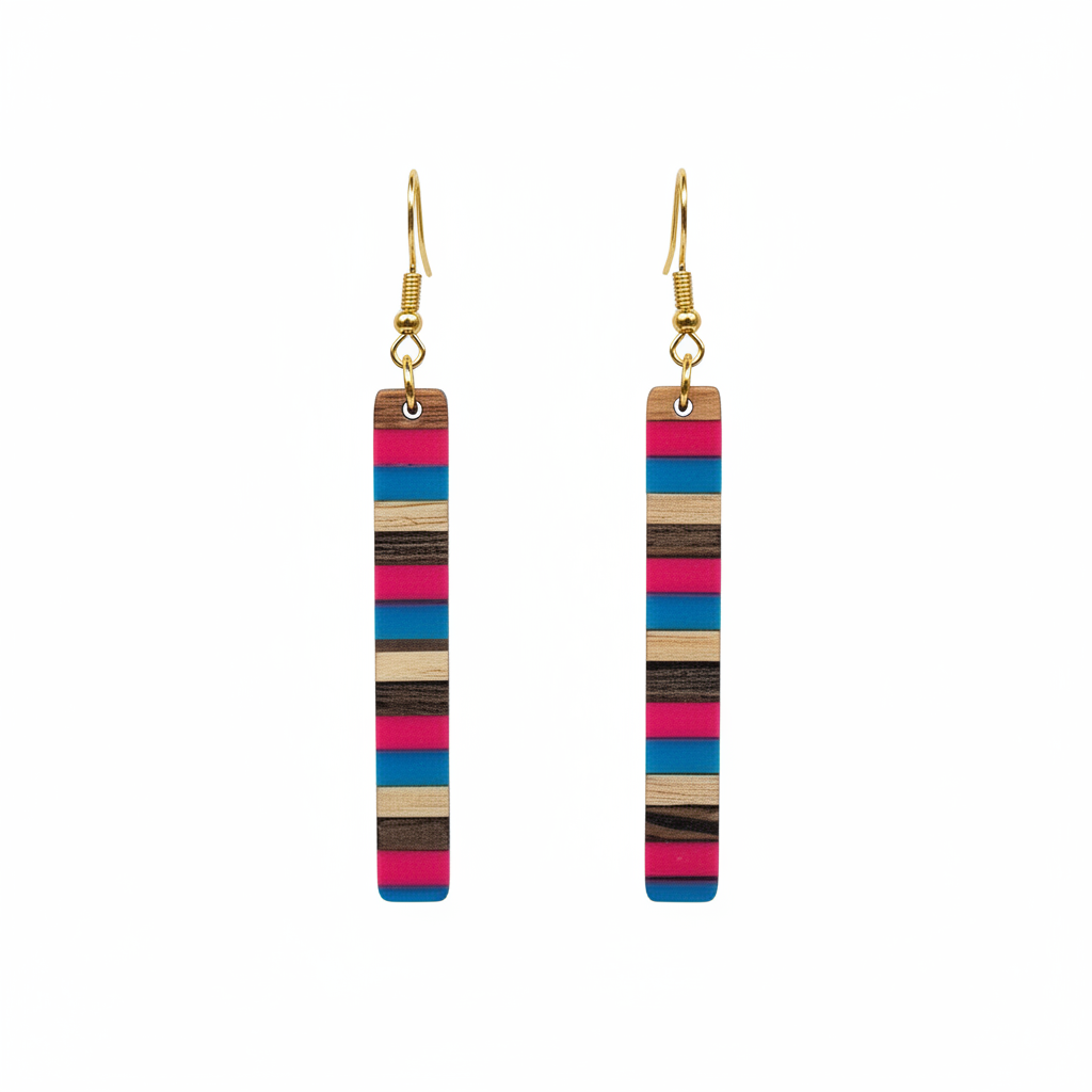 Rose & Blue Resin Wood Goldtone Striped Bar Hook Earrings - Street Region