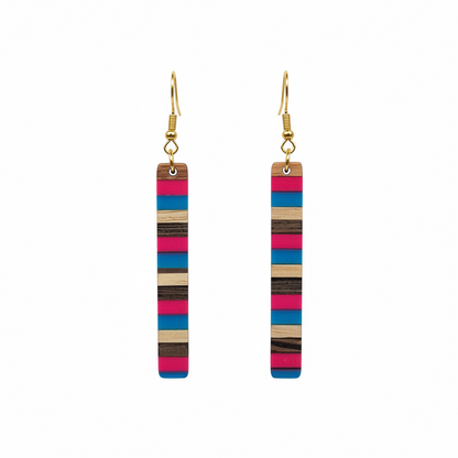 Rose & Blue Resin Wood Goldtone Striped Bar Hook Earrings - Street Region