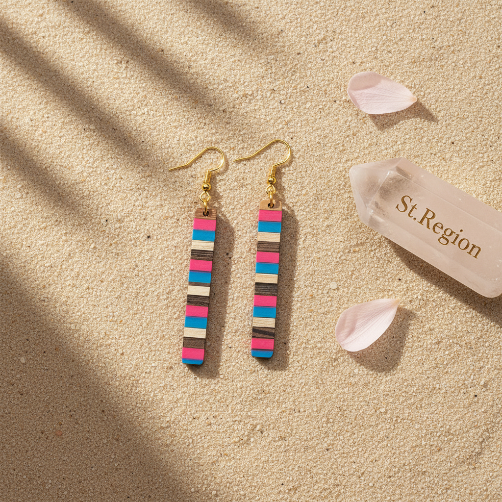Rose & Blue Resin Wood Goldtone Striped Bar Hook Earrings - Street Region