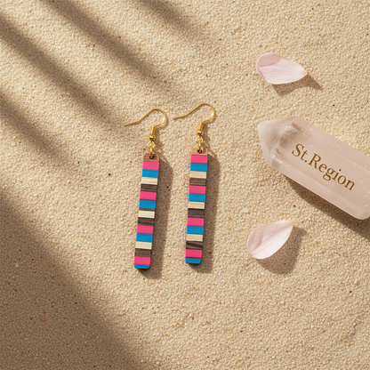 Rose & Blue Resin Wood Goldtone Striped Bar Hook Earrings - Street Region