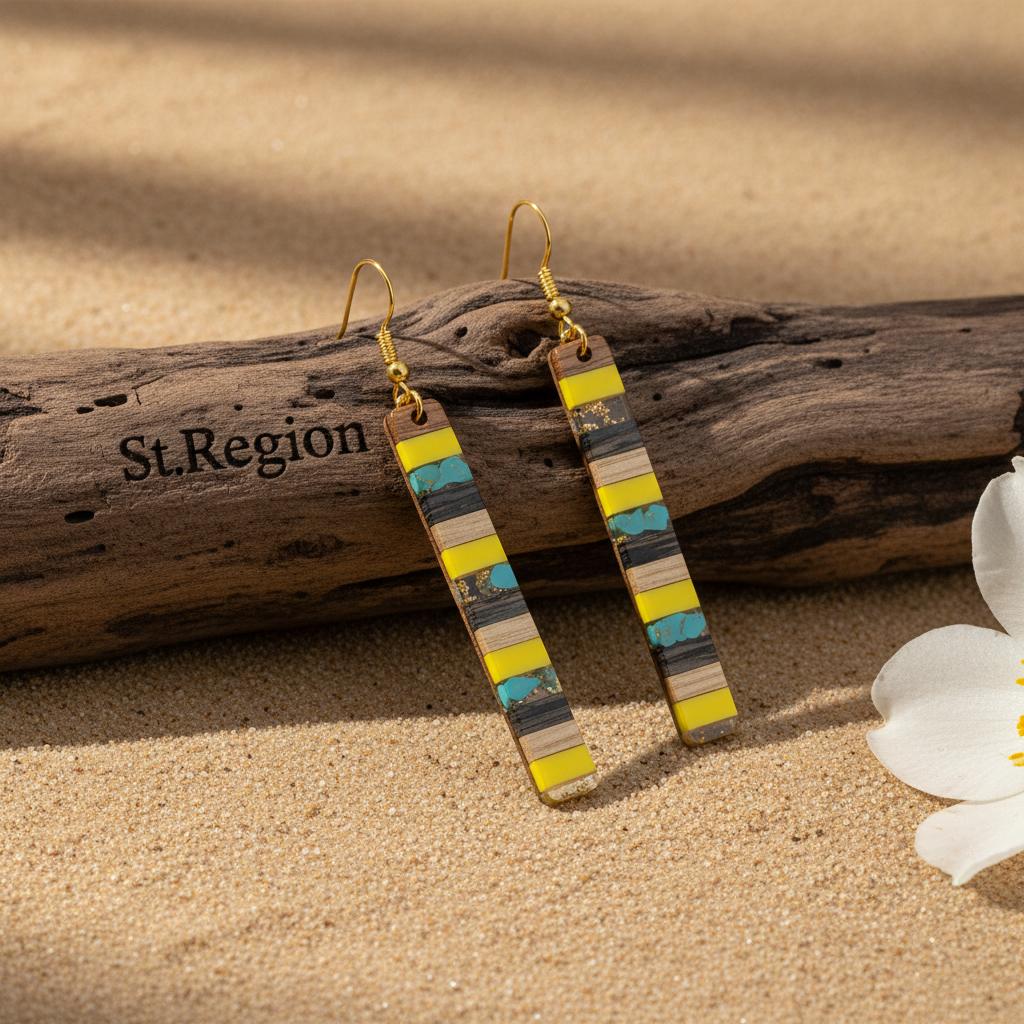 Yellow Resin and Wood Goldtone Striped Bar Hook Earrings, gold drop earrings for women, elegant gift for her, front view