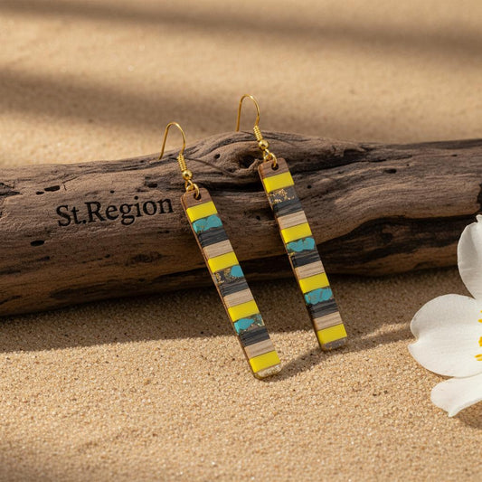 Yellow Resin and Wood Goldtone Striped Bar Hook Earrings, gold drop earrings for women, elegant gift for her, front view