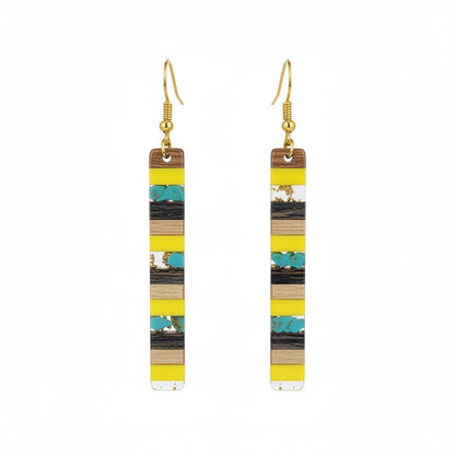 Yellow Resin and Wood Goldtone Striped Bar Hook Earrings, gold drop earrings for women, elegant gift for her, side view