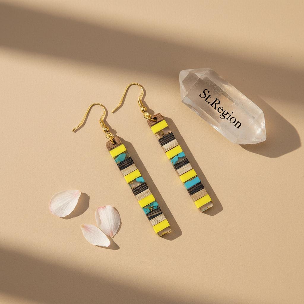 Yellow Resin and Wood Goldtone Striped Bar Hook Earrings, gold drop earrings for women, elegant gift for her, detail close-up