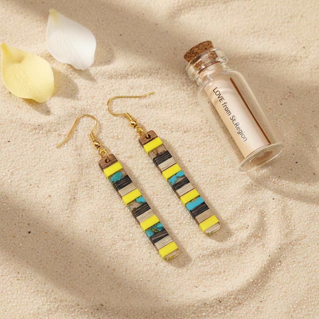 Yellow Resin and Wood Goldtone Striped Bar Hook Earrings, gold drop earrings for women, elegant gift for her, lifestyle look