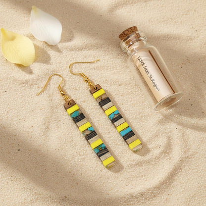 Yellow Resin and Wood Goldtone Striped Bar Hook Earrings, gold drop earrings for women, elegant gift for her, lifestyle look