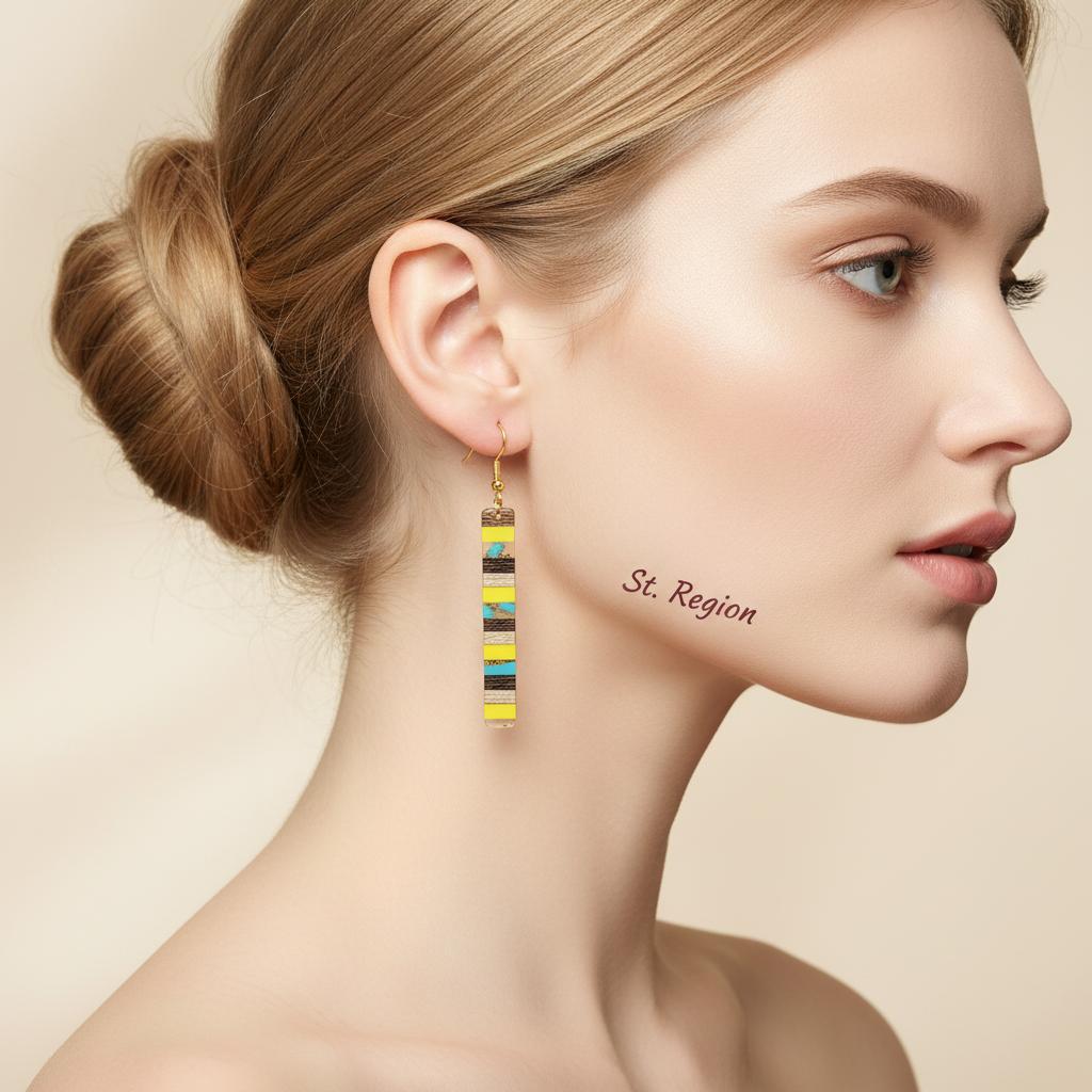 Yellow Resin and Wood Goldtone Striped Bar Hook Earrings, gold drop earrings for women, elegant gift for her, styled look