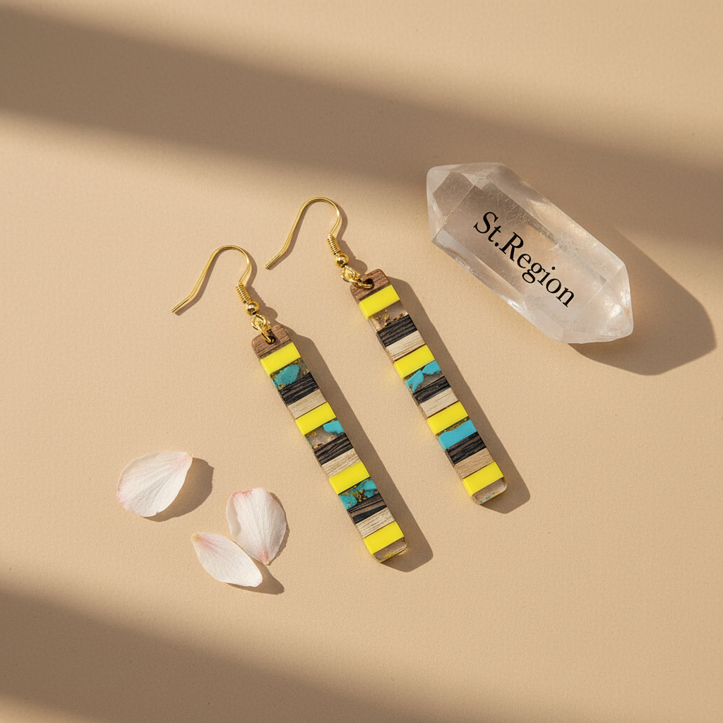 Yellow Resin & Wood Goldtone Striped Bar Hook Earrings - Street Region