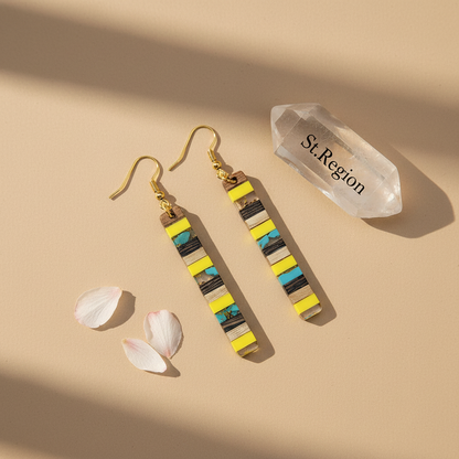 Yellow Resin & Wood Goldtone Striped Bar Hook Earrings - Street Region