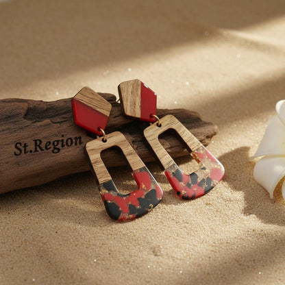 Red and Blue Resin Wood Goldtone Open Rectangular Hook Earrings, gold drop earrings for women, everyday style, front view