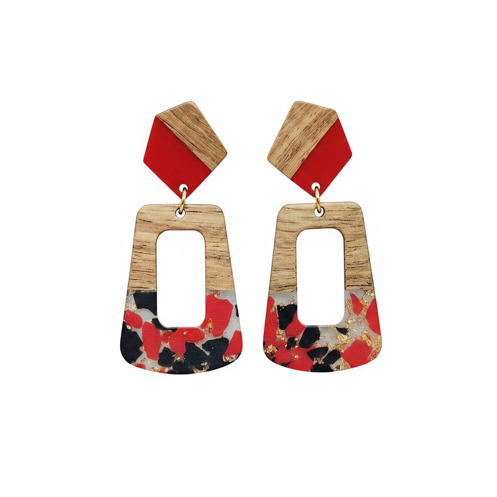 Red and Blue Resin Wood Goldtone Open Rectangular Hook Earrings, gold drop earrings for women, everyday style, side view