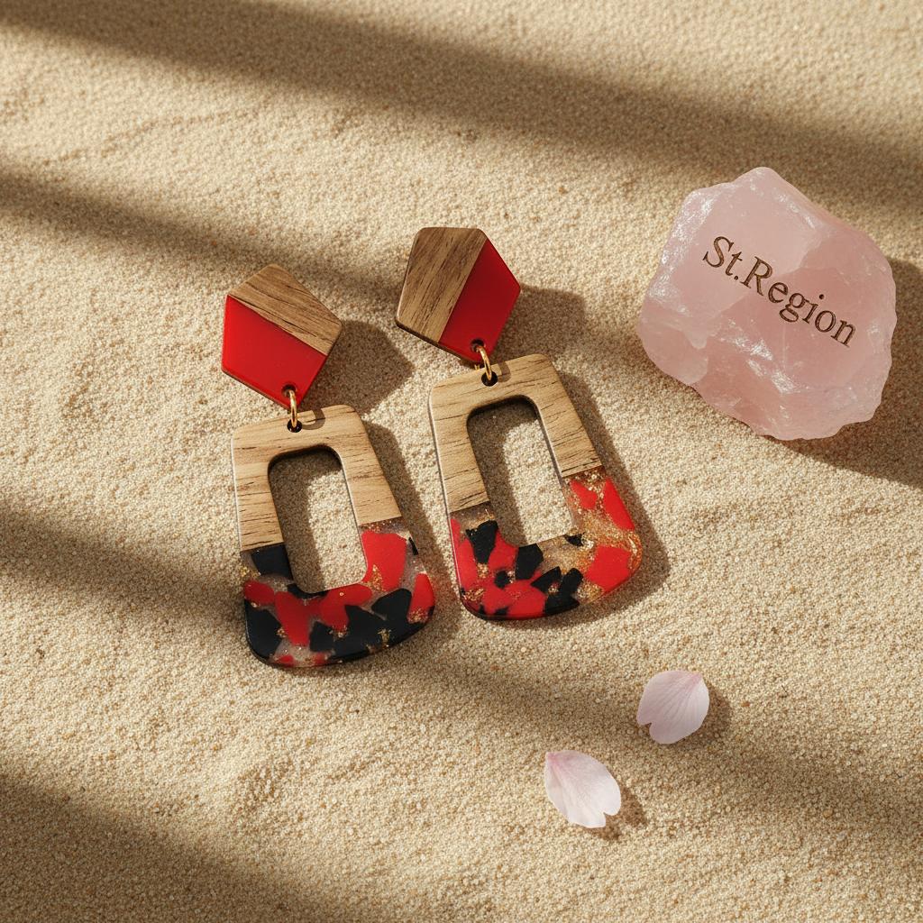 Red and Blue Resin Wood Goldtone Open Rectangular Hook Earrings, gold drop earrings for women, detail close-up
