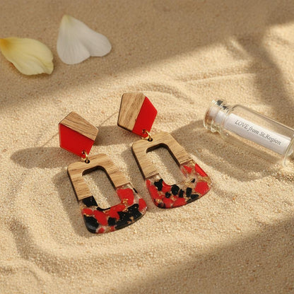 Red and Blue Resin Wood Goldtone Open Rectangular Hook Earrings, gold drop earrings for women, everyday style, lifestyle look